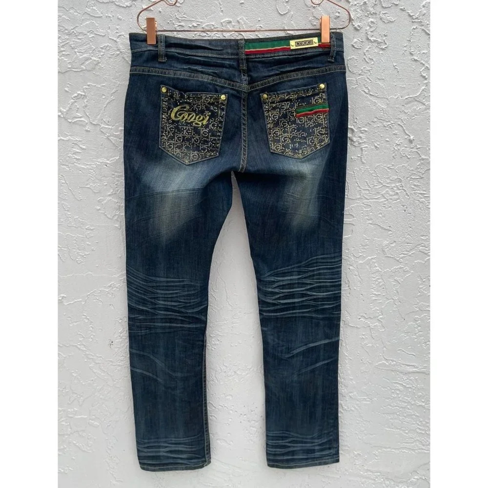 Googi Womens Straight Leg Embellished Distressed Blue Jeans Sz 9/10